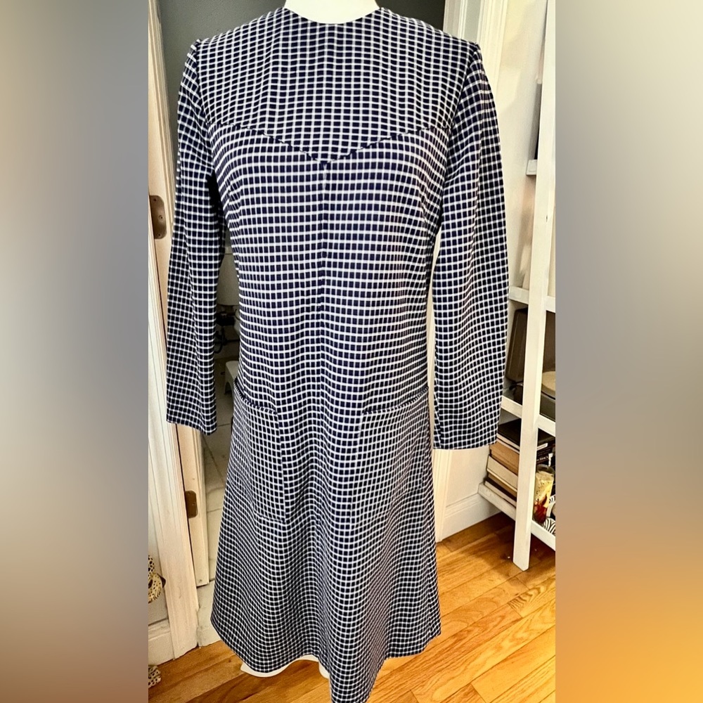 Blue and white window-pane dress